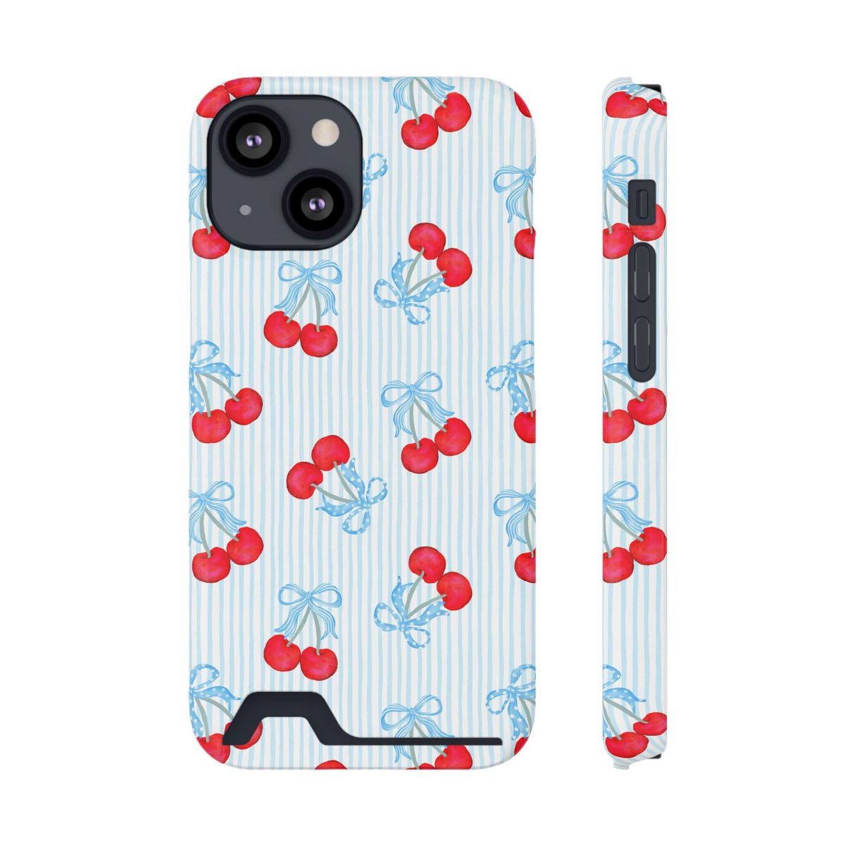 Blue Cherry Bow phone case with card holder for iPhone 13 Mini, glossy finish