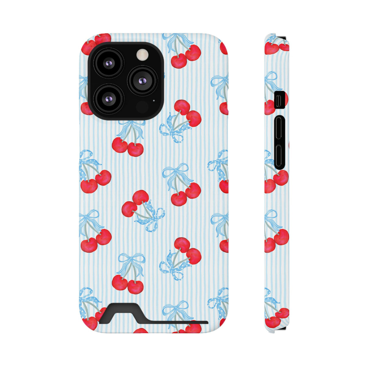 Blue Cherry Bow phone case with card holder for iPhone 13 Pro, glossy finish