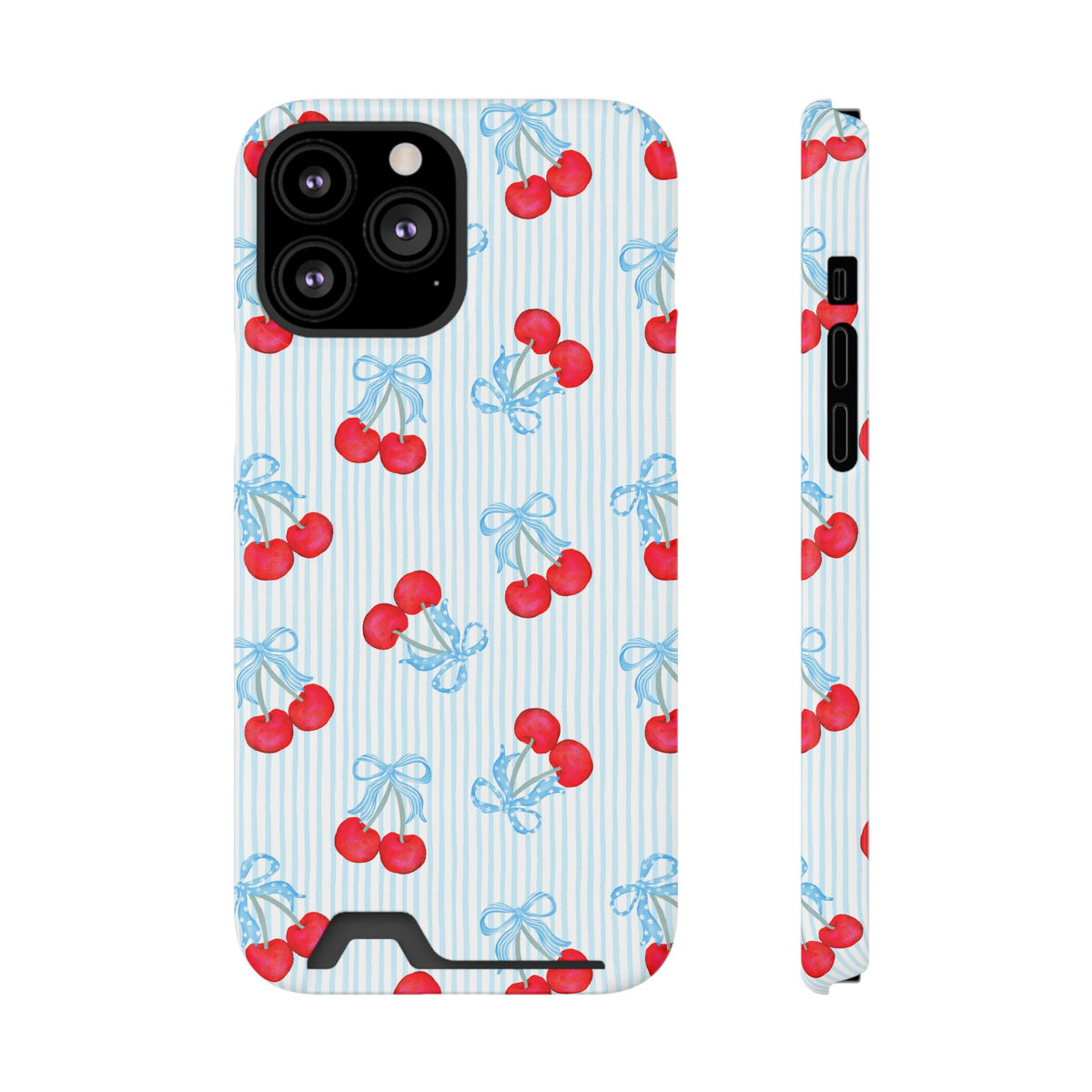 Blue Cherry Bow phone case with card holder for iPhone 13 Pro Max, glossy finish
