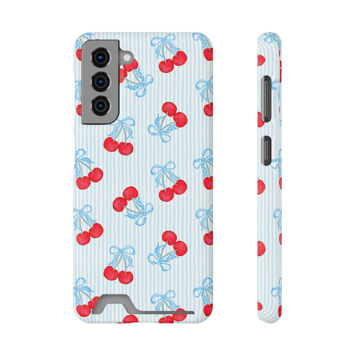 Blue Cherry Bow phone case with card holder for Samsung Galaxy S21, glossy finish