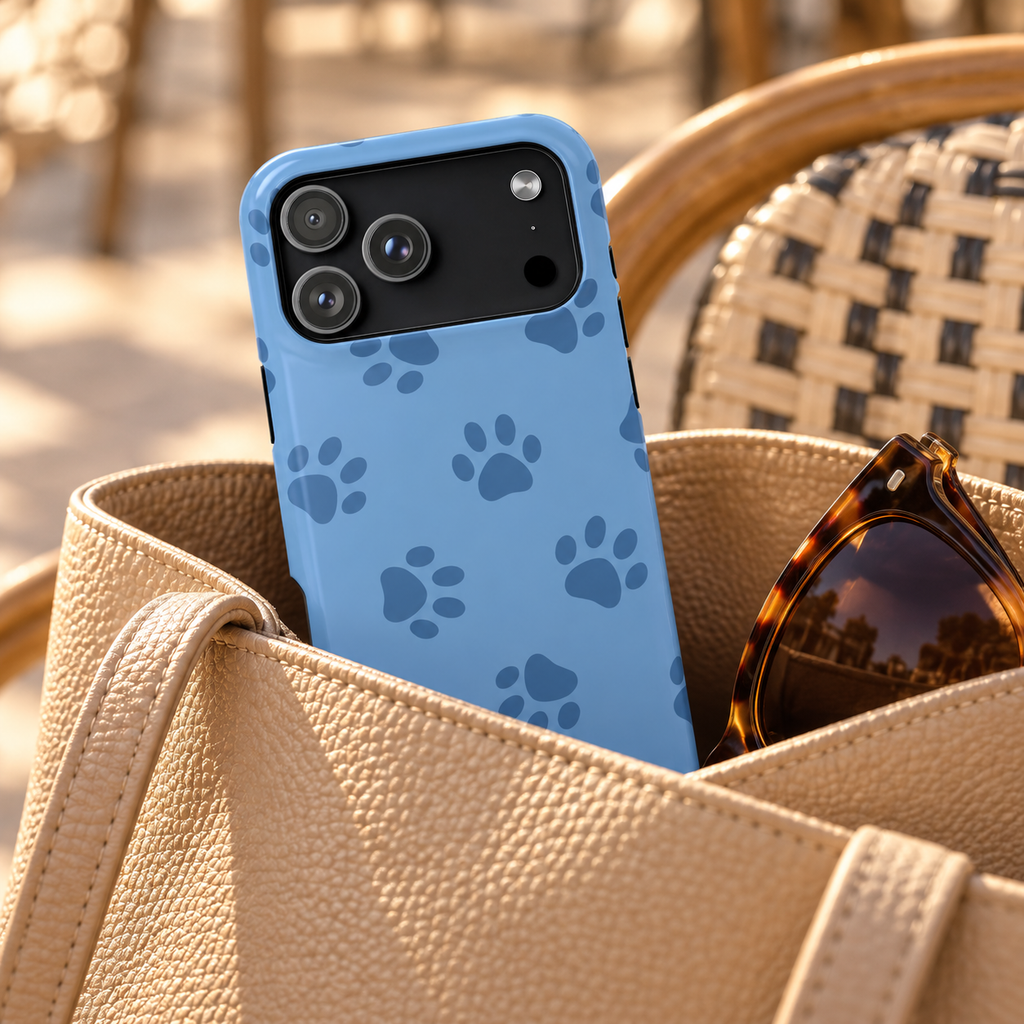 Blue Paw Print MagSafe case, navy paw prints on cornflower blue, lifestyle photo in a handbag