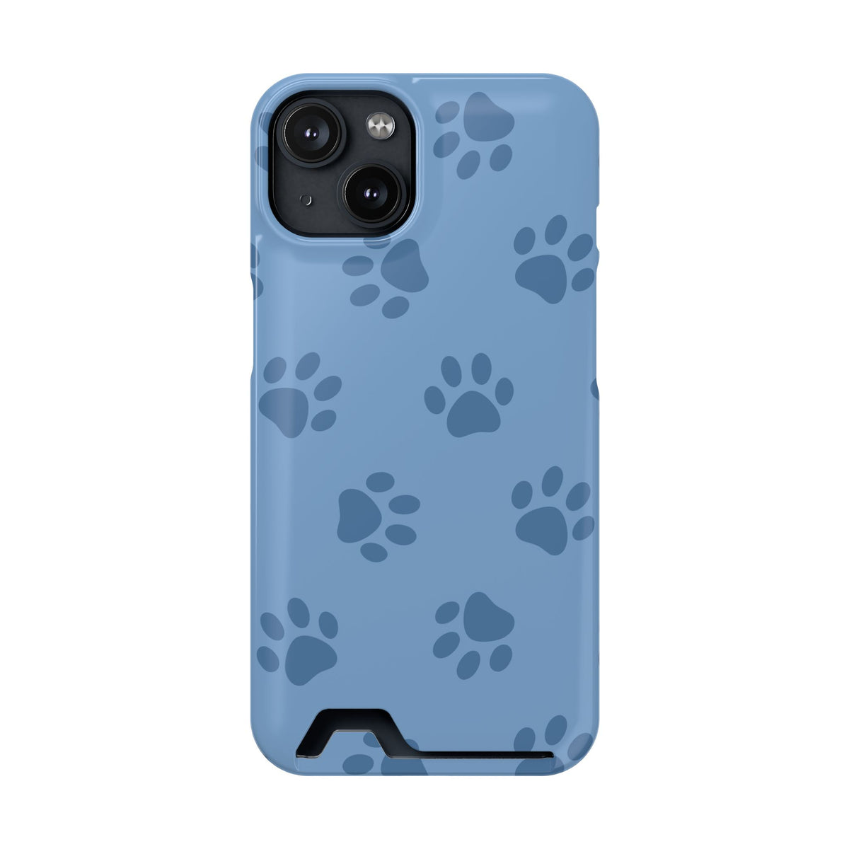 Blue Paw Print phone case with card holder for iPhone 14, glossy finish