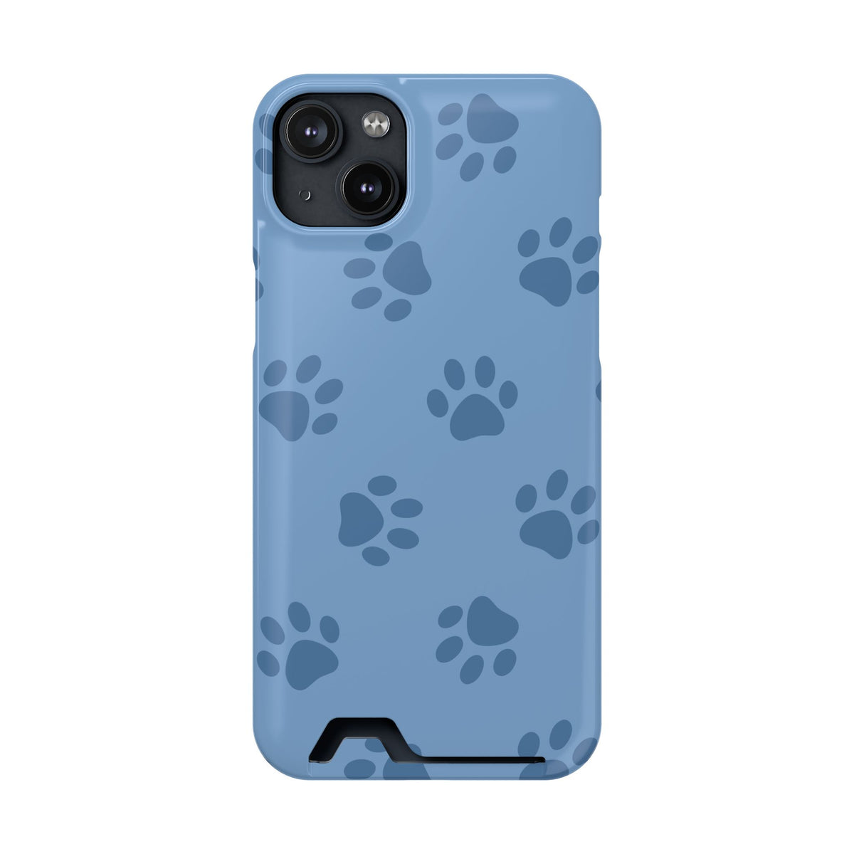 Blue Paw Print phone case with card holder for iPhone 14 Plus, glossy finish