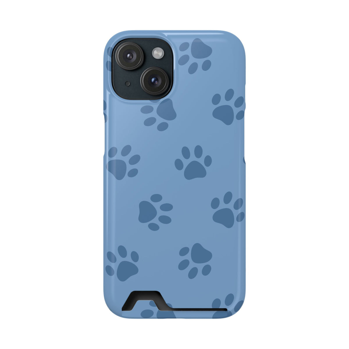 Blue Paw Print phone case with card holder for iPhone 15, glossy finish