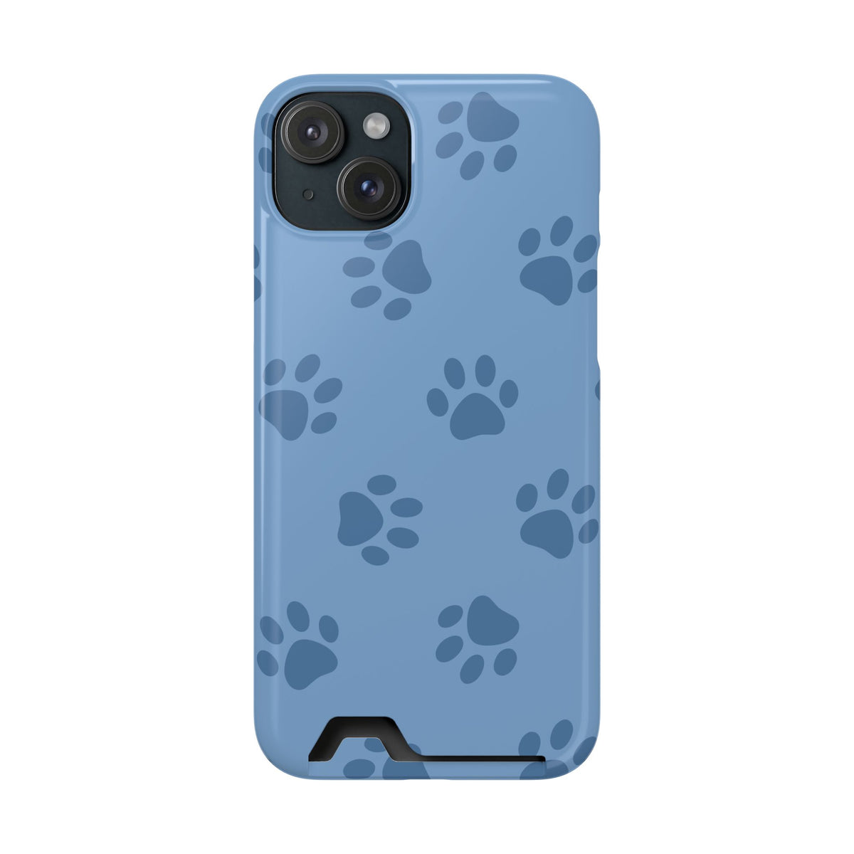 Blue Paw Print phone case with card holder for iPhone 15 Plus, glossy finish