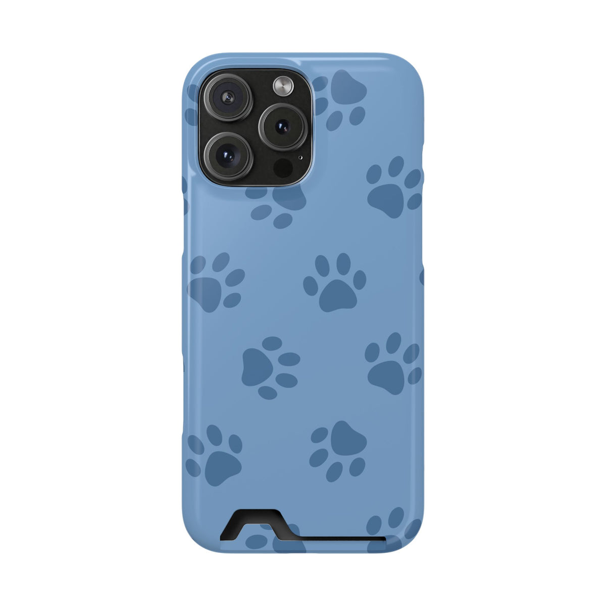 Blue Paw Print phone case with card holder for iPhone 16 Pro Max, glossy finish