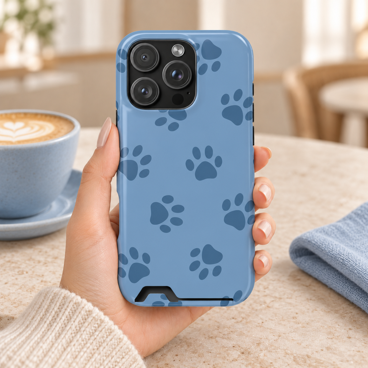 Blue Paw Print phone case with card holder, navy paw prints on cornflower blue, lifestyle photo in hand with coffee
