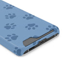 Blue Paw Print phone case with card holder, close-up of the card slot