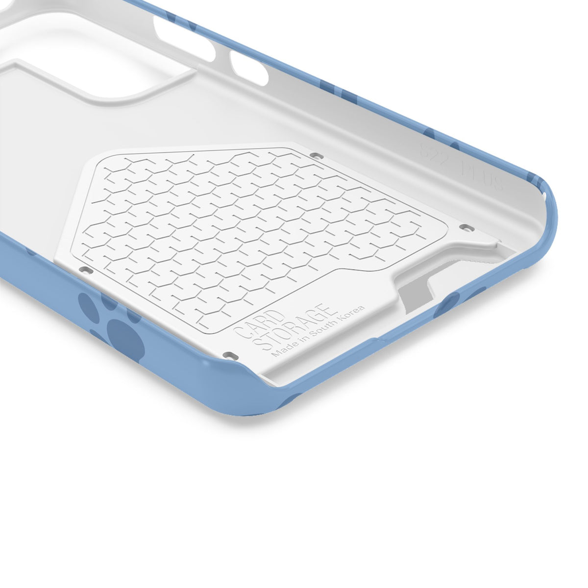 Blue Paw Print phone case with card holder, close-up of the inside