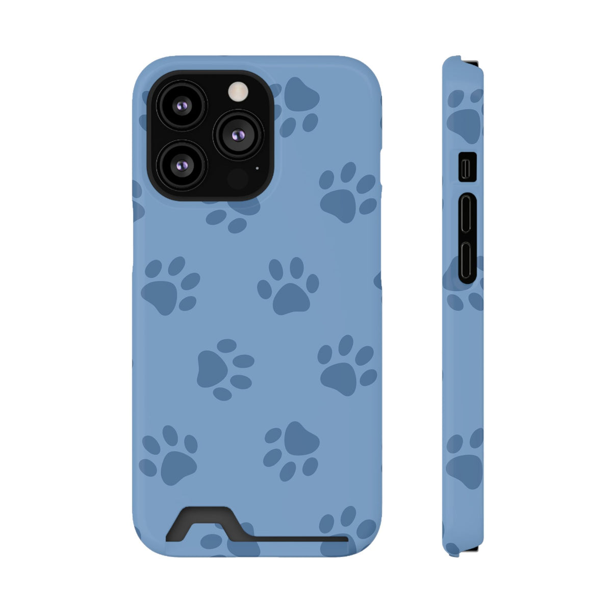 Blue Paw Print phone case with card holder for iPhone 13 Pro, glossy finish
