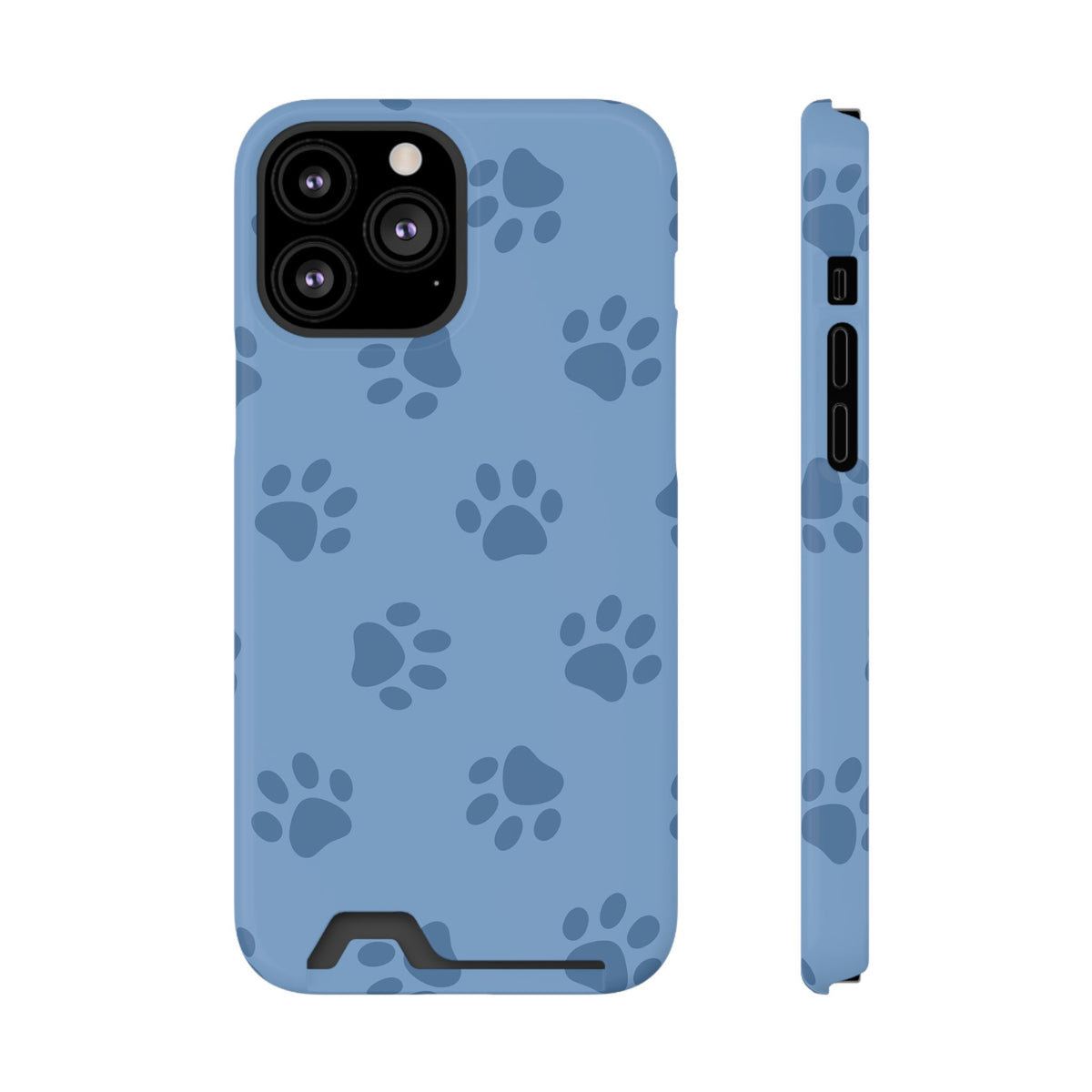 Blue Paw Print phone case with card holder for iPhone 13 Pro Max, glossy finish