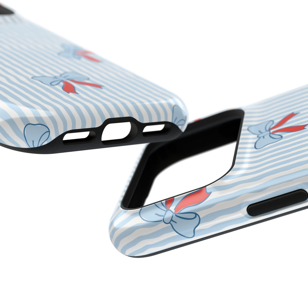 Blue Ribbon Stripe protective phone case, close-up at an angle