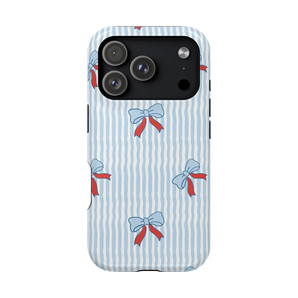 Blue Ribbon Stripe MagSafe case for iPhone 18 Pro, glossy finish
