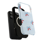Blue Ribbon Stripe MagSafe case, close-up of the dual-layer construction