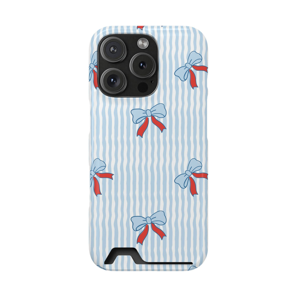 Blue Ribbon Stripe phone case with card holder for iPhone 16 Pro, glossy finish