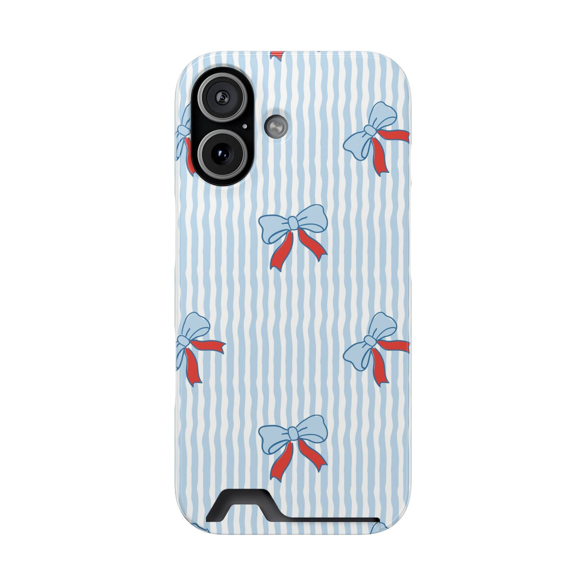 Blue Ribbon Stripe phone case with card holder for iPhone 17, glossy finish