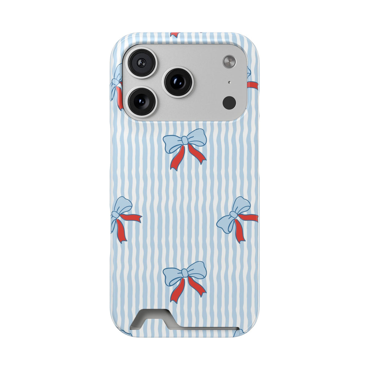 Blue Ribbon Stripe phone case with card holder for iPhone 17 Pro, glossy finish