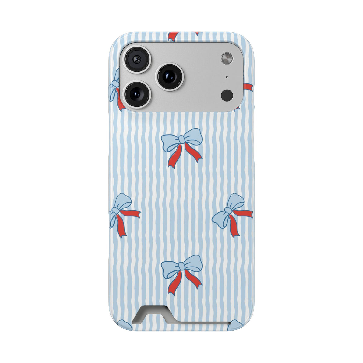 Blue Ribbon Stripe phone case with card holder for iPhone 17 Pro Max, glossy finish