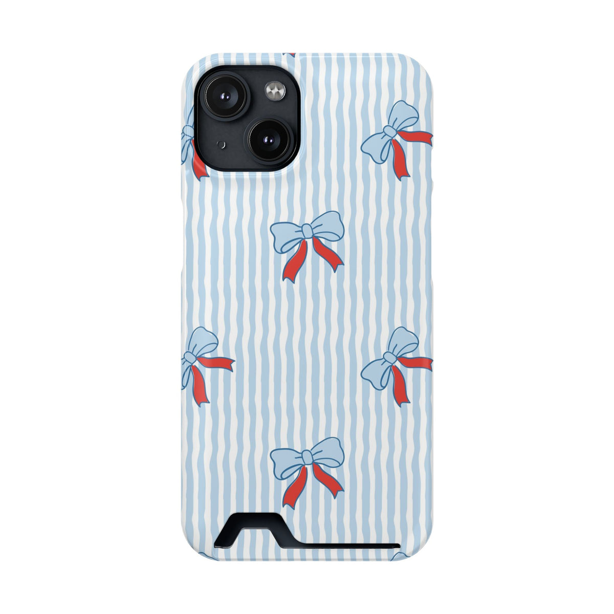 Blue Ribbon Stripe phone case with card holder for iPhone 14, glossy finish
