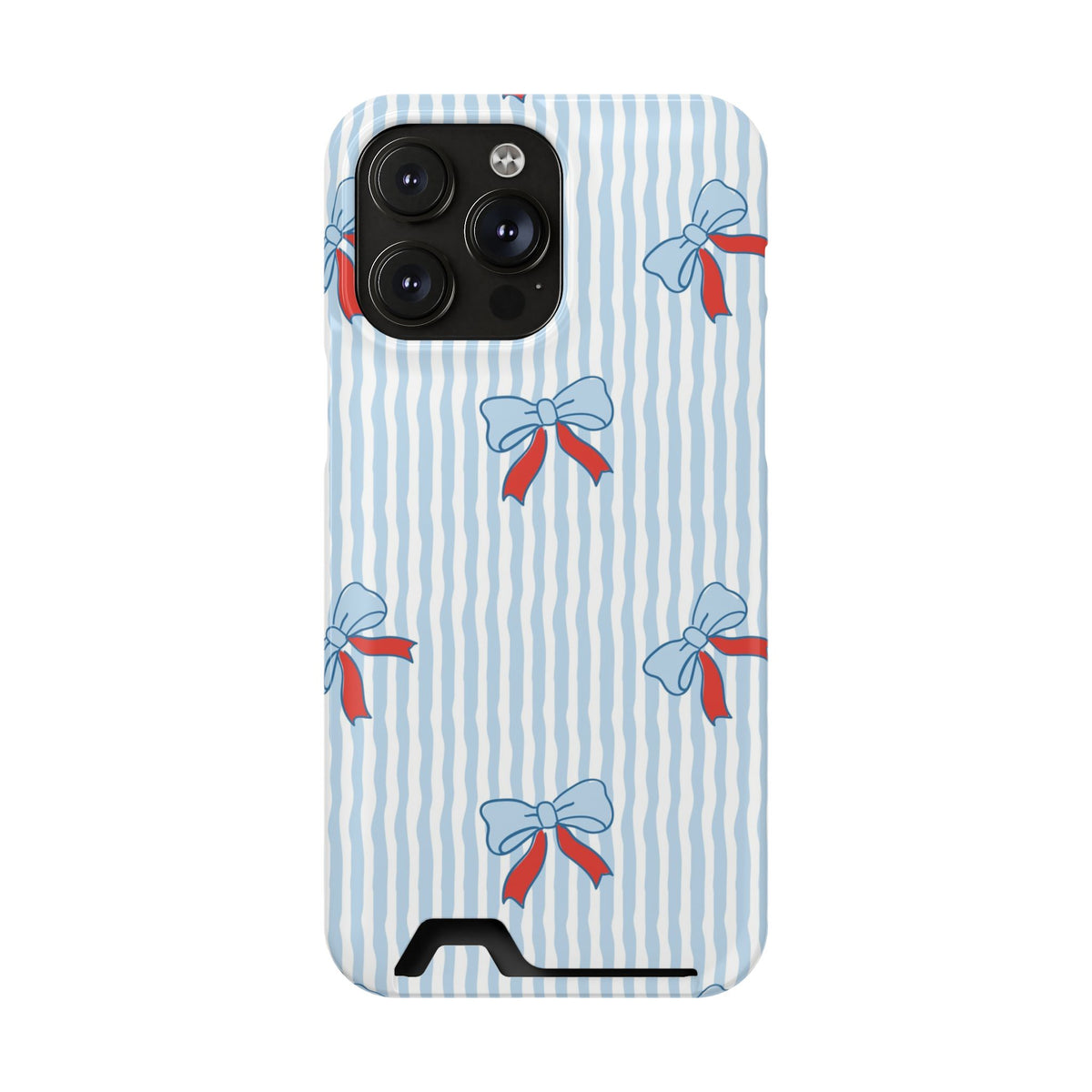 Blue Ribbon Stripe phone case with card holder for iPhone 14 Pro Max, glossy finish