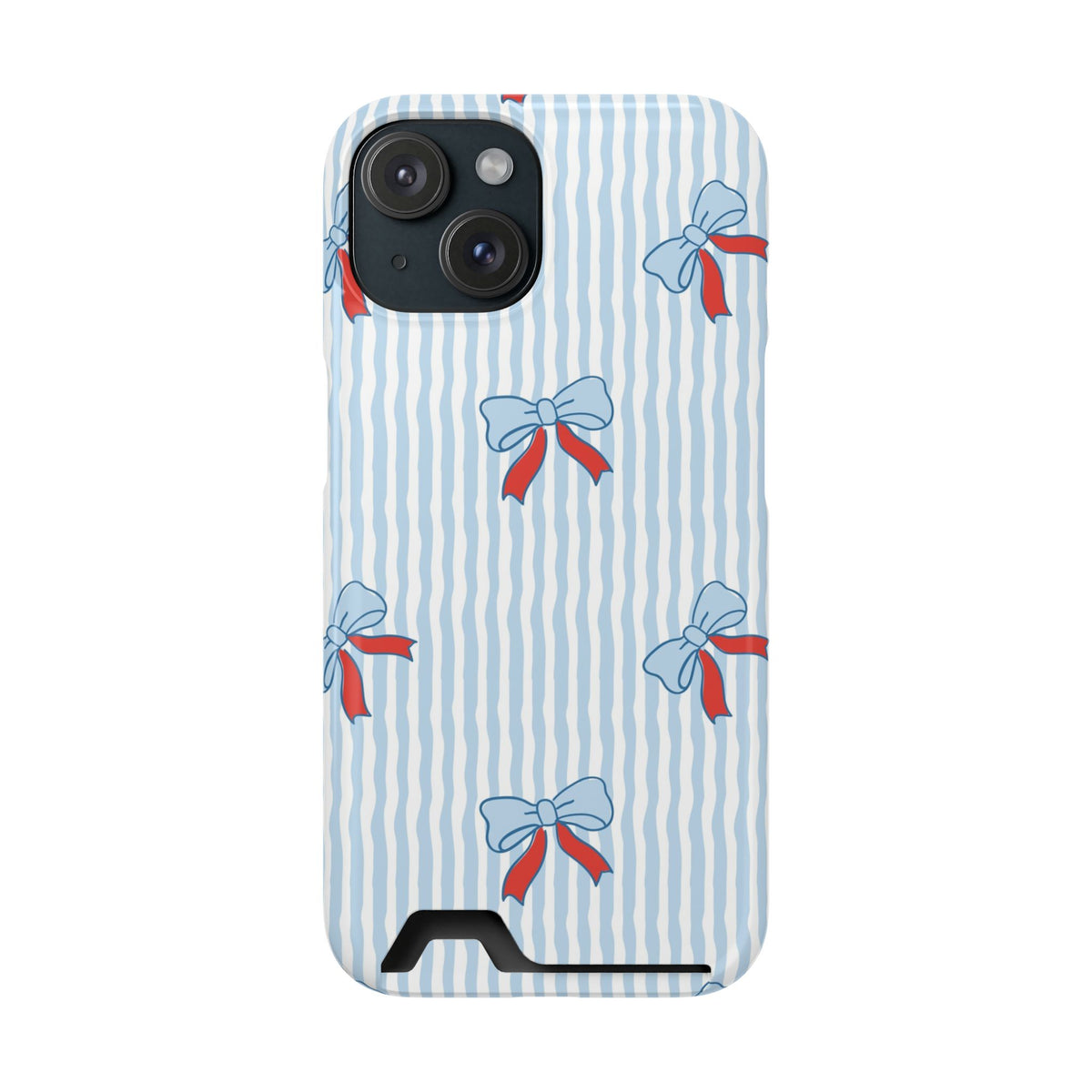 Blue Ribbon Stripe phone case with card holder for iPhone 15, glossy finish