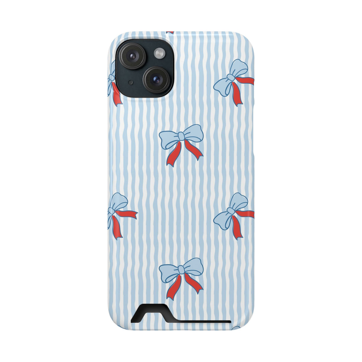 Blue Ribbon Stripe phone case with card holder for iPhone 15 Plus, glossy finish