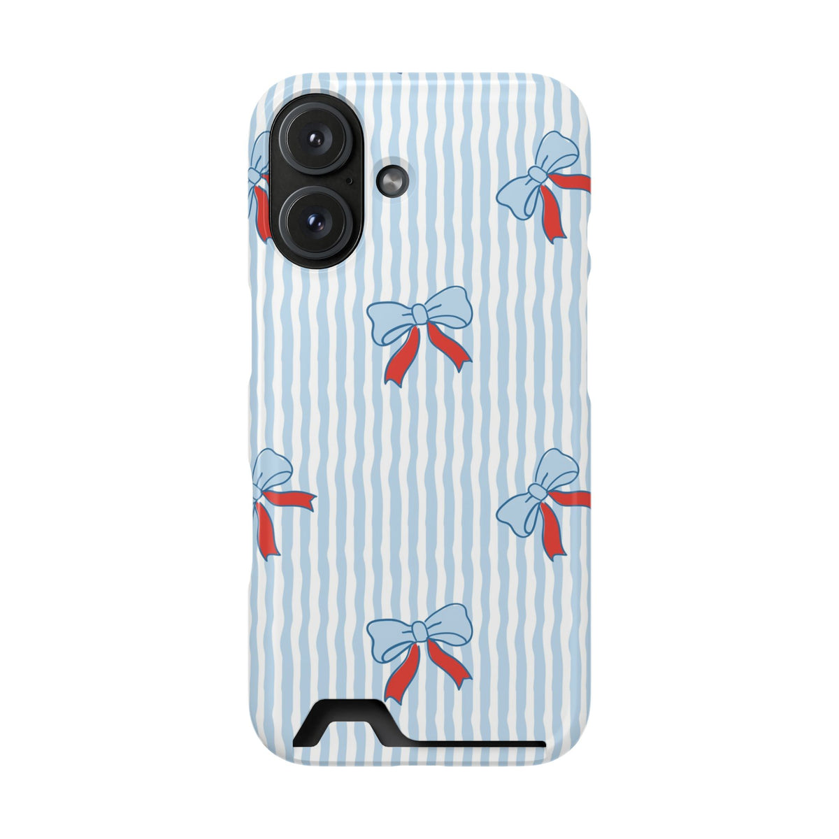 Blue Ribbon Stripe phone case with card holder for iPhone 16, glossy finish
