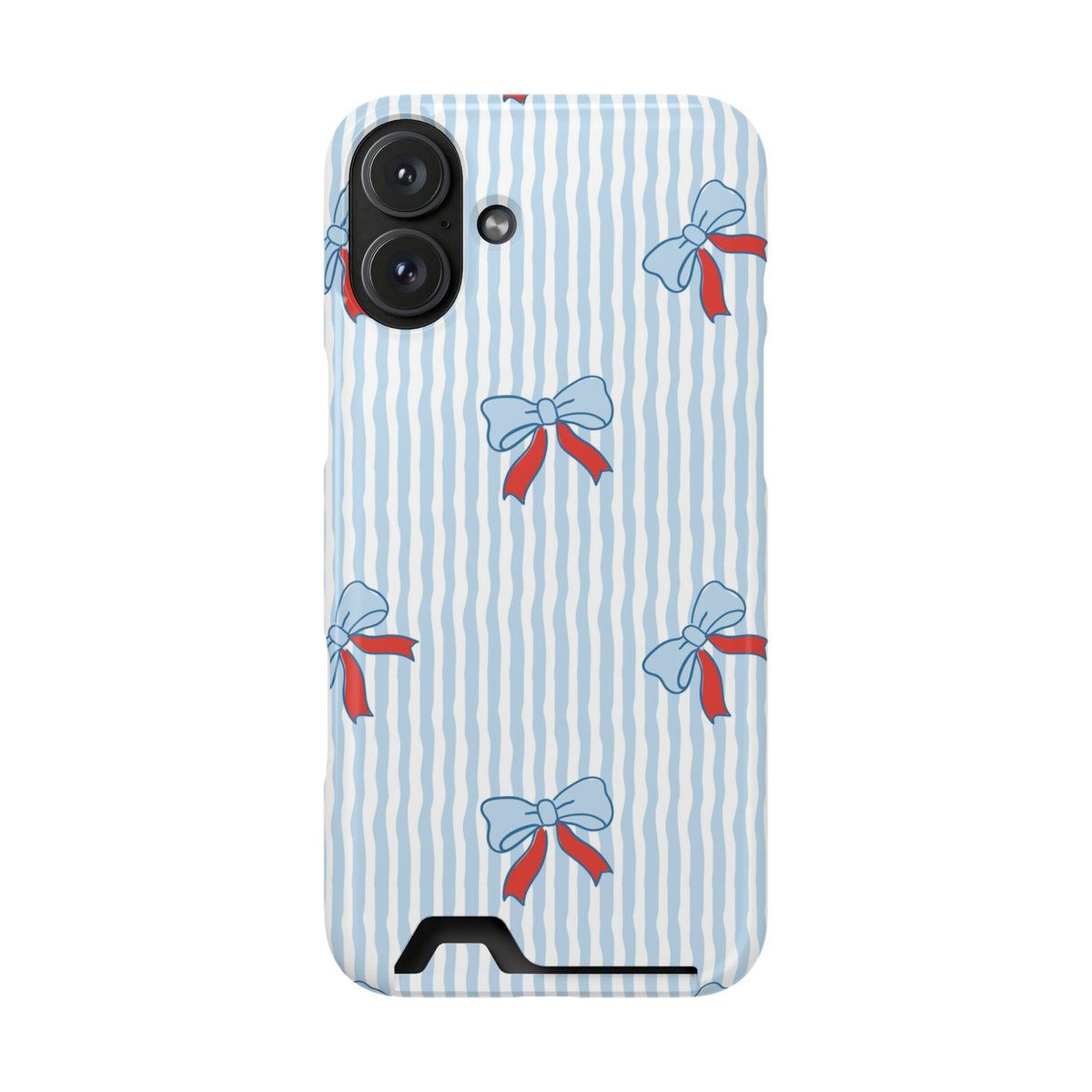 Blue Ribbon Stripe phone case with card holder for iPhone 16 Plus, glossy finish