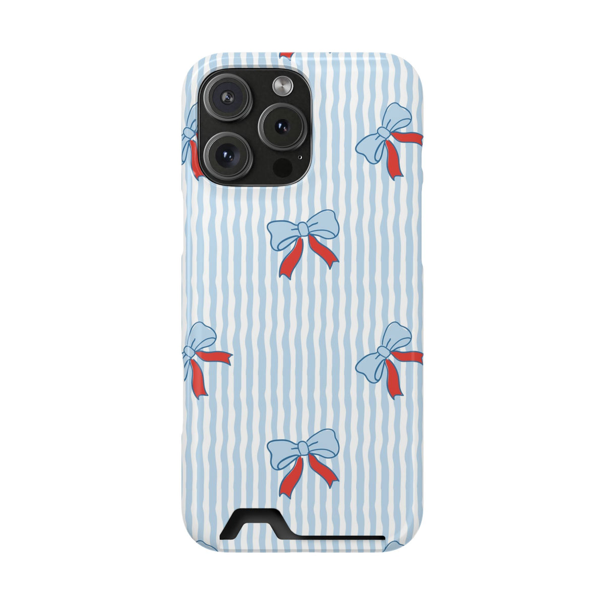 Blue Ribbon Stripe phone case with card holder for iPhone 16 Pro Max, glossy finish