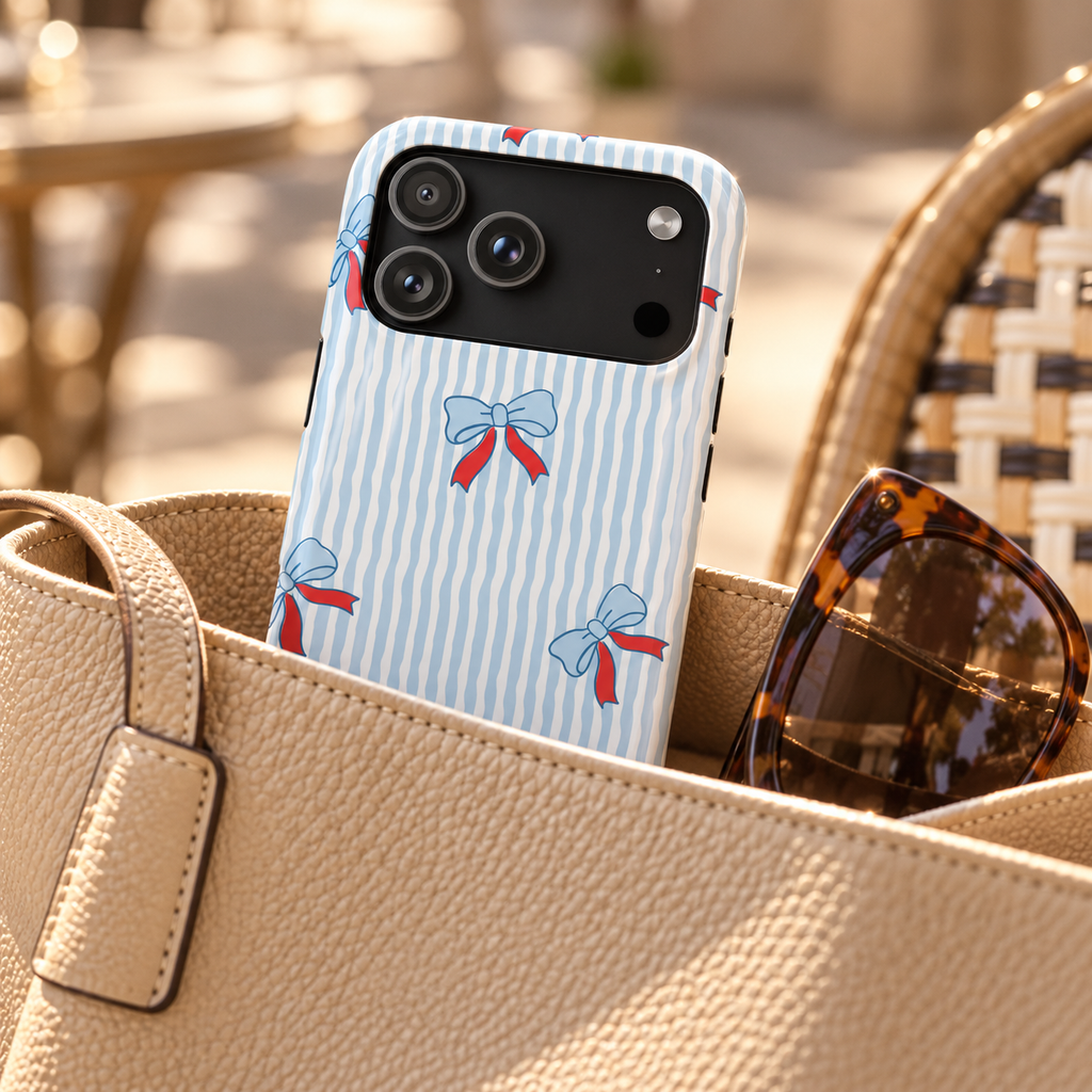 Blue Ribbon Stripe phone case with card holder, baby blue bows with red ribbons on wavy blue stripes, lifestyle photo in a handbag