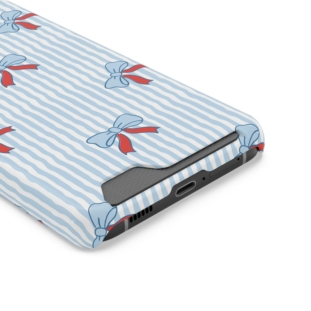 Blue Ribbon Stripe phone case with card holder, close-up of the card slot