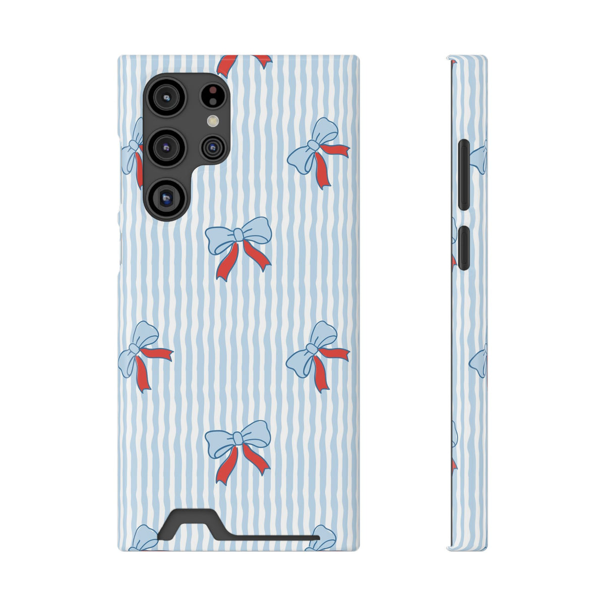 Blue Ribbon Stripe phone case with card holder for Samsung Galaxy S22 Ultra, glossy finish