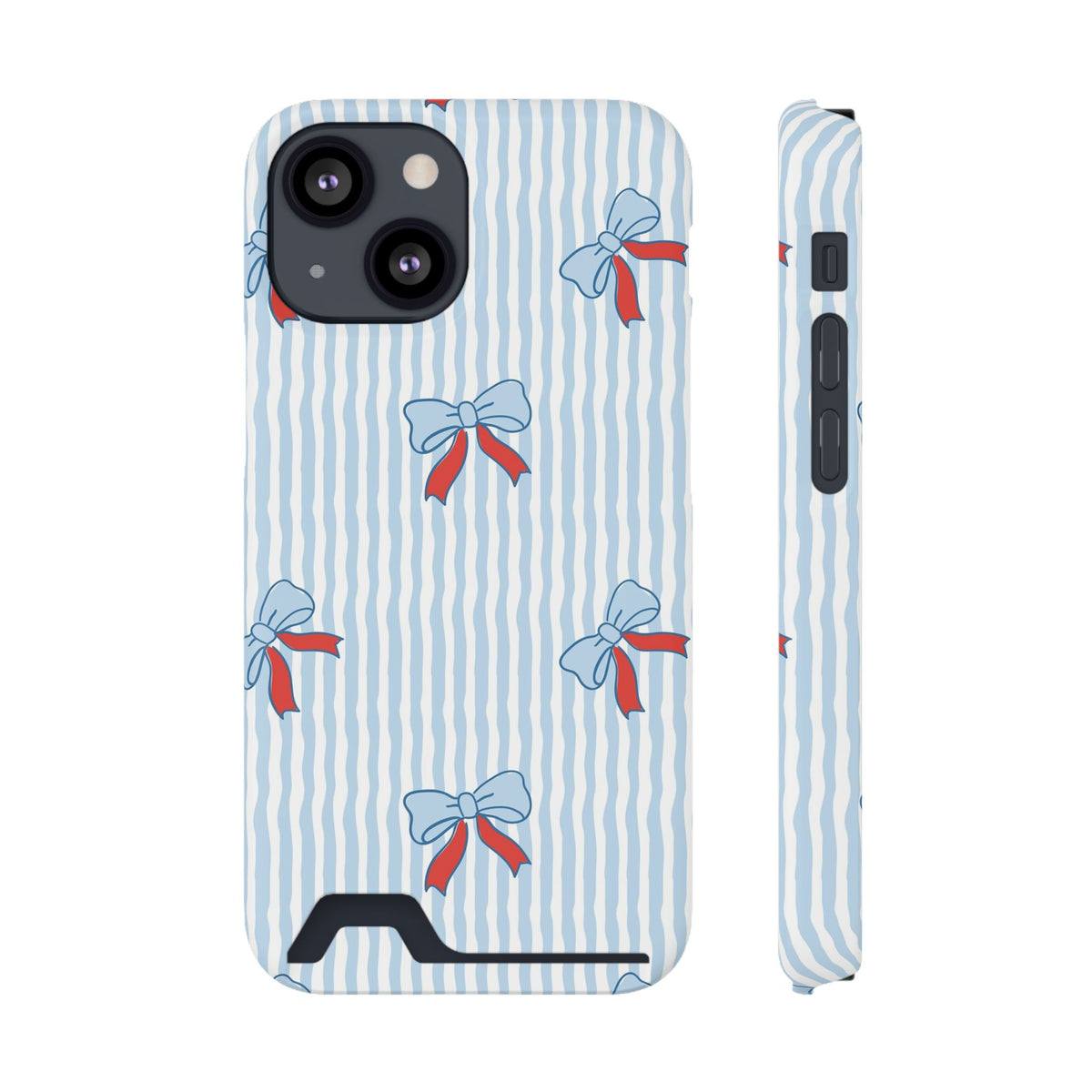 Blue Ribbon Stripe phone case with card holder for iPhone 13 Mini, glossy finish