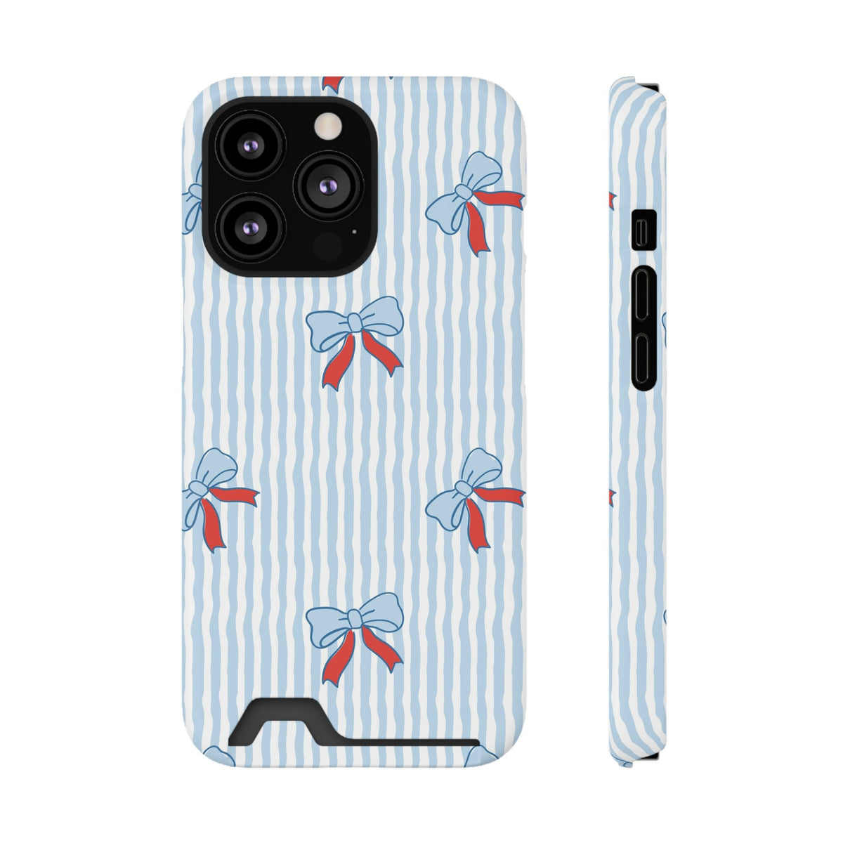 Blue Ribbon Stripe phone case with card holder for iPhone 13 Pro, glossy finish