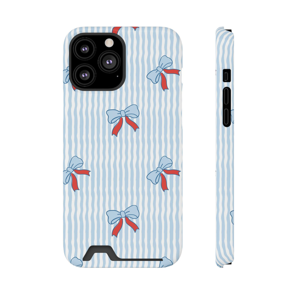 Blue Ribbon Stripe phone case with card holder for iPhone 13 Pro Max, glossy finish
