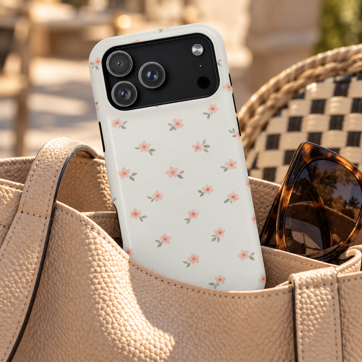 Blush Ditsy Floral protective phone case, tiny blush blossoms on ivory, lifestyle photo in a handbag