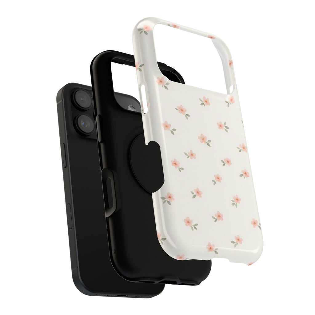 Blush Ditsy Floral protective phone case, close-up of the dual-layer construction