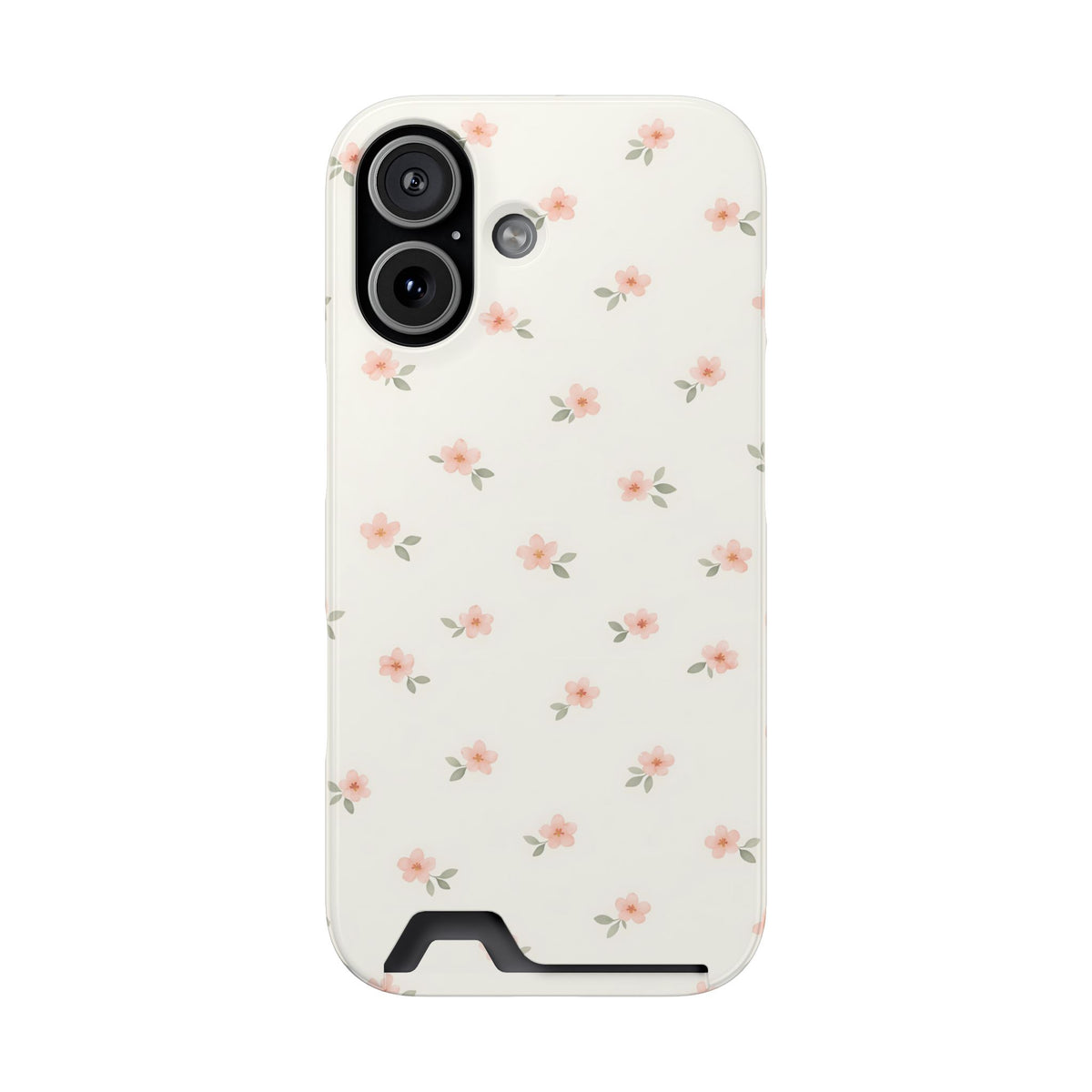 Blush Ditsy Floral phone case with card holder for iPhone 17, glossy finish