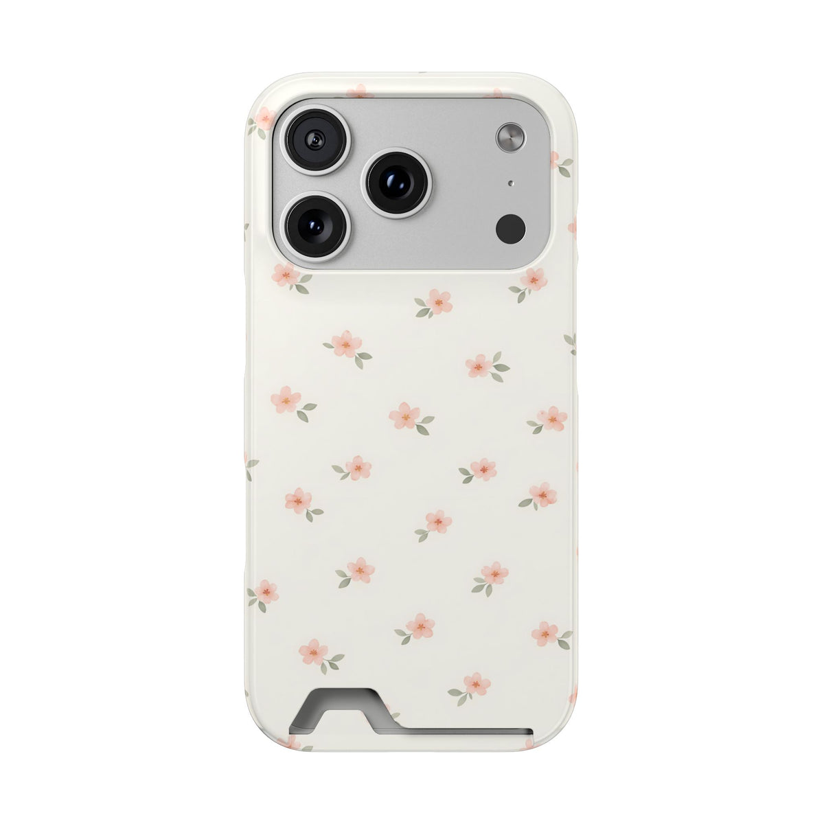 Blush Ditsy Floral phone case with card holder for iPhone 17 Pro, glossy finish