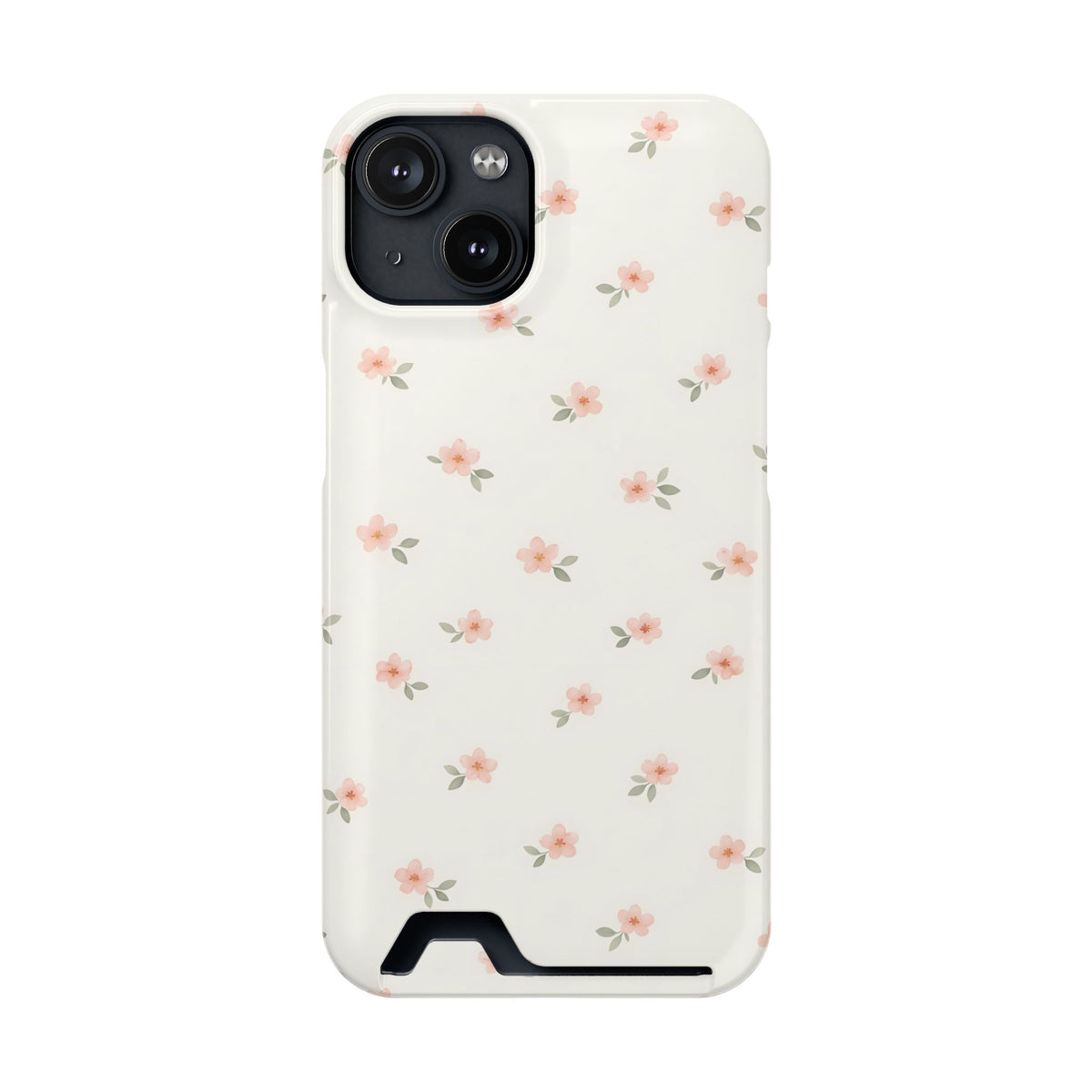 Blush Ditsy Floral phone case with card holder for iPhone 14, glossy finish