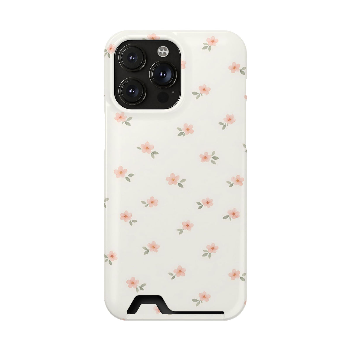 Blush Ditsy Floral phone case with card holder for iPhone 14 Pro Max, glossy finish