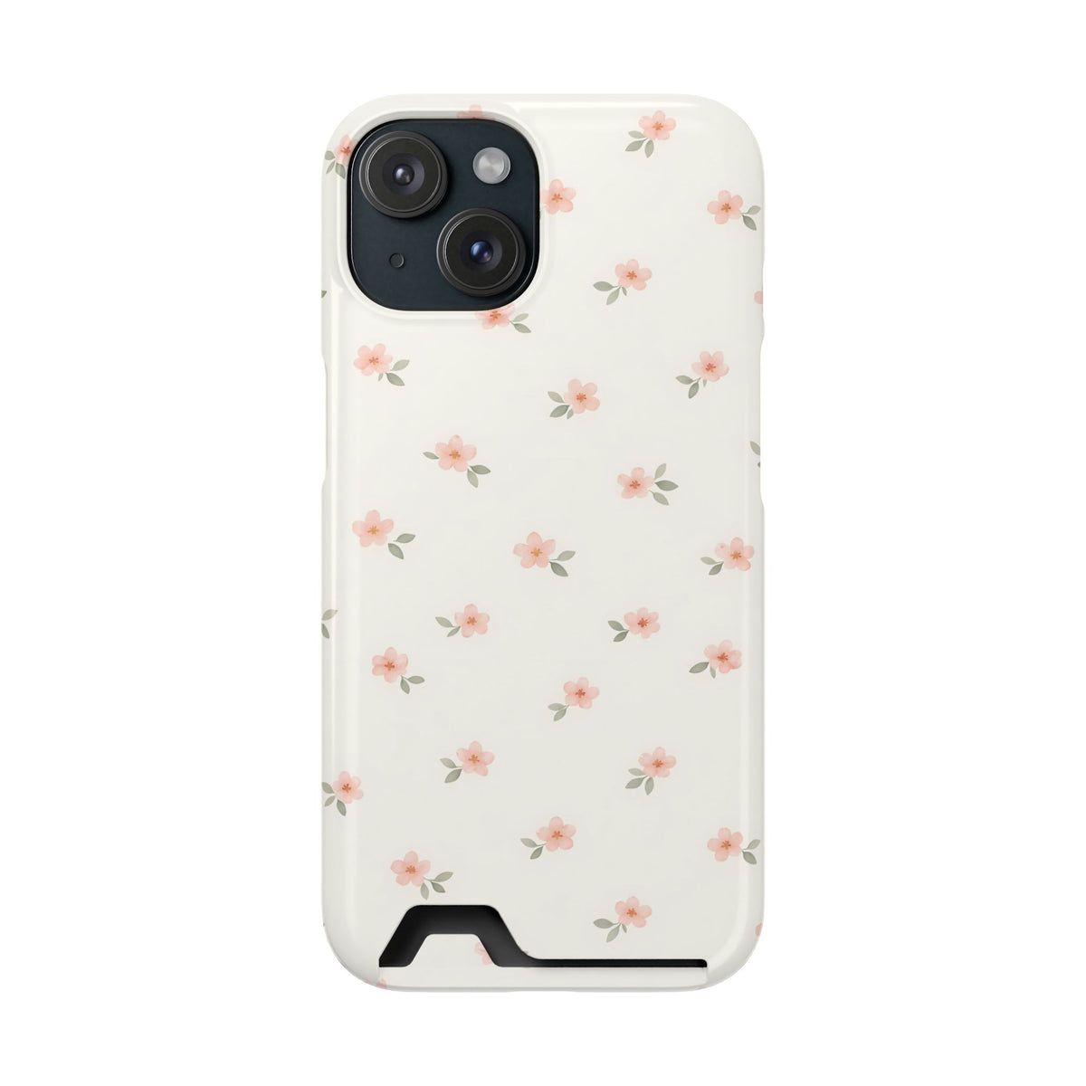 Blush Ditsy Floral phone case with card holder for iPhone 15, glossy finish