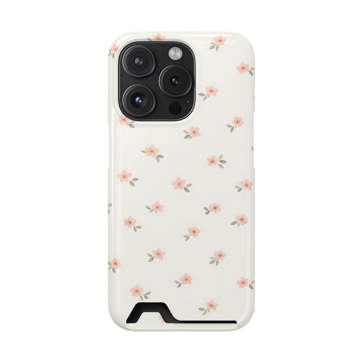 Blush Ditsy Floral phone case with card holder for iPhone 15 Pro, glossy finish