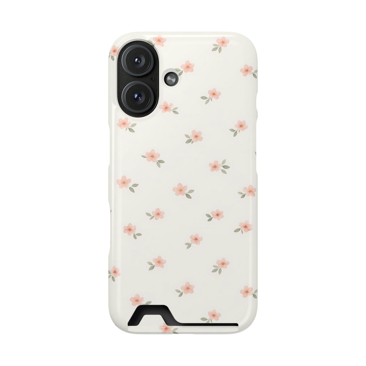 Blush Ditsy Floral phone case with card holder for iPhone 16, glossy finish