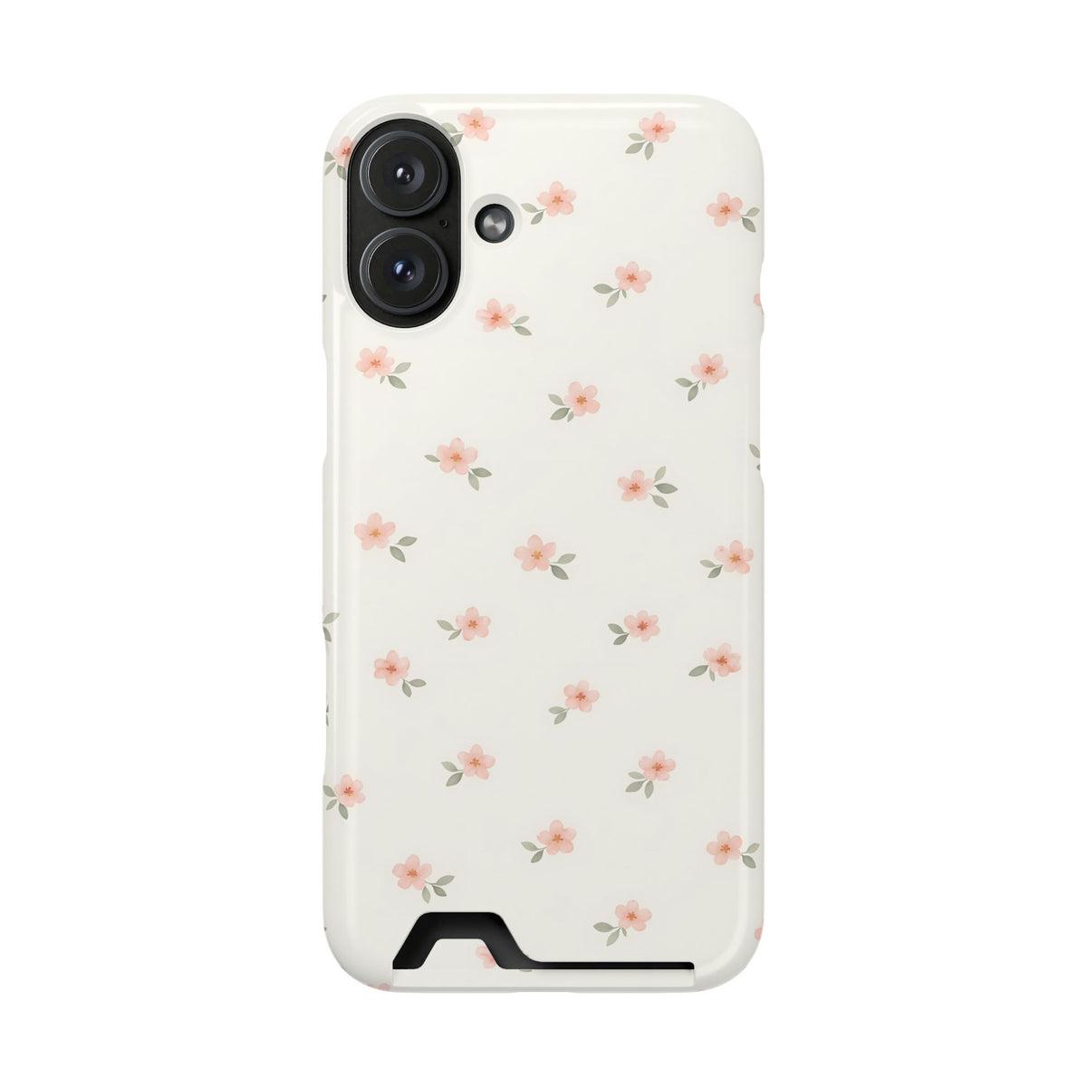 Blush Ditsy Floral phone case with card holder for iPhone 16 Plus, glossy finish