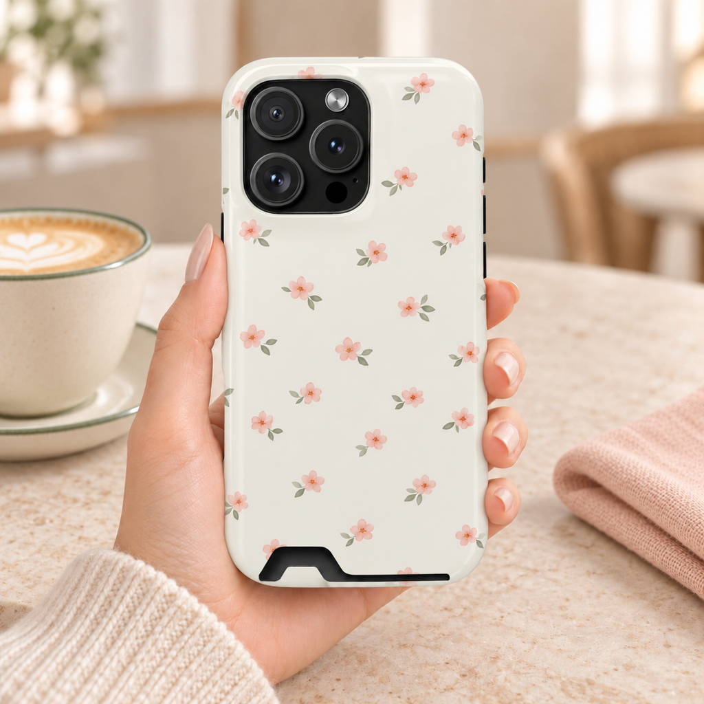 Blush Ditsy Floral phone case with card holder, tiny blush blossoms on ivory, lifestyle photo in hand with coffee