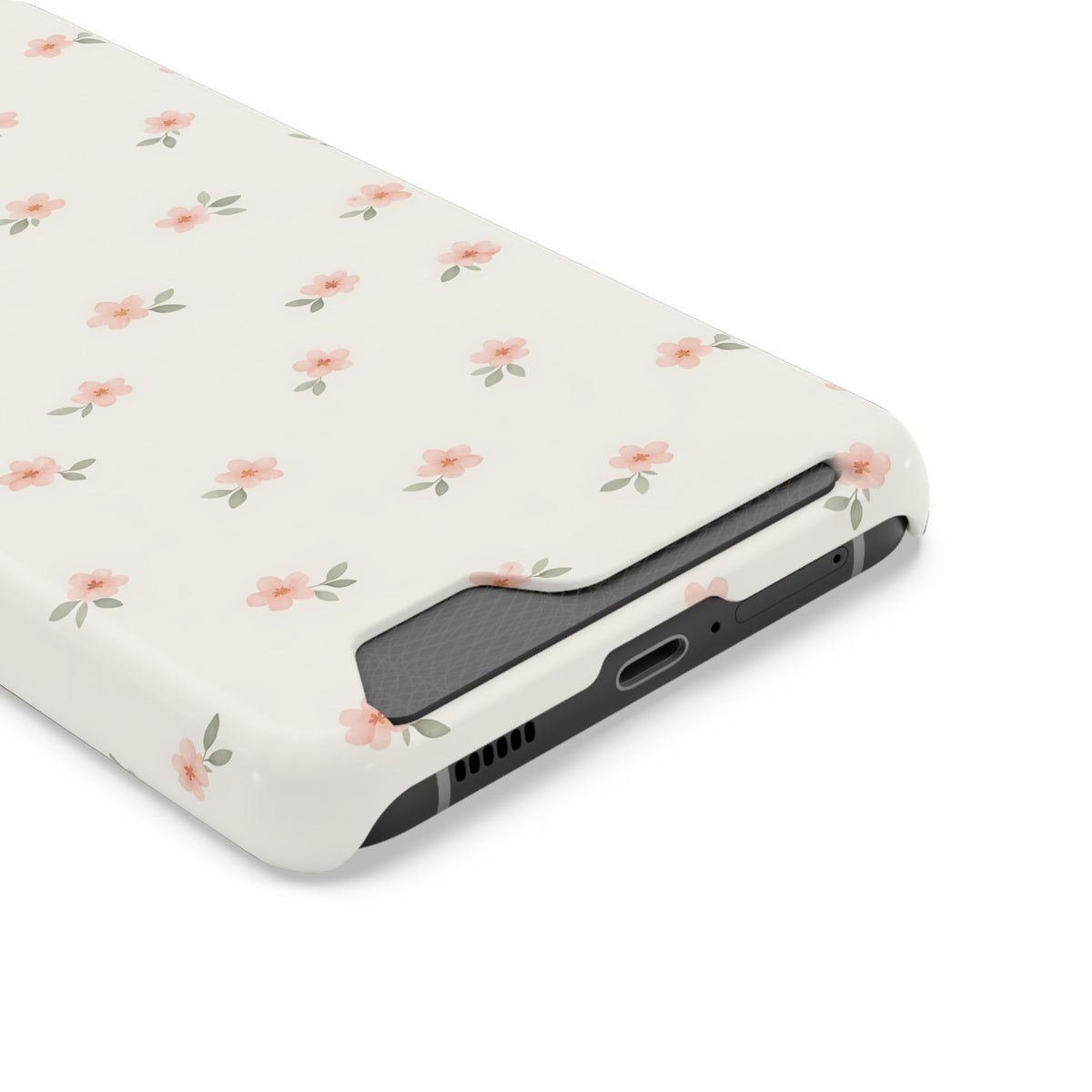 Blush Ditsy Floral phone case with card holder, close-up of the card slot