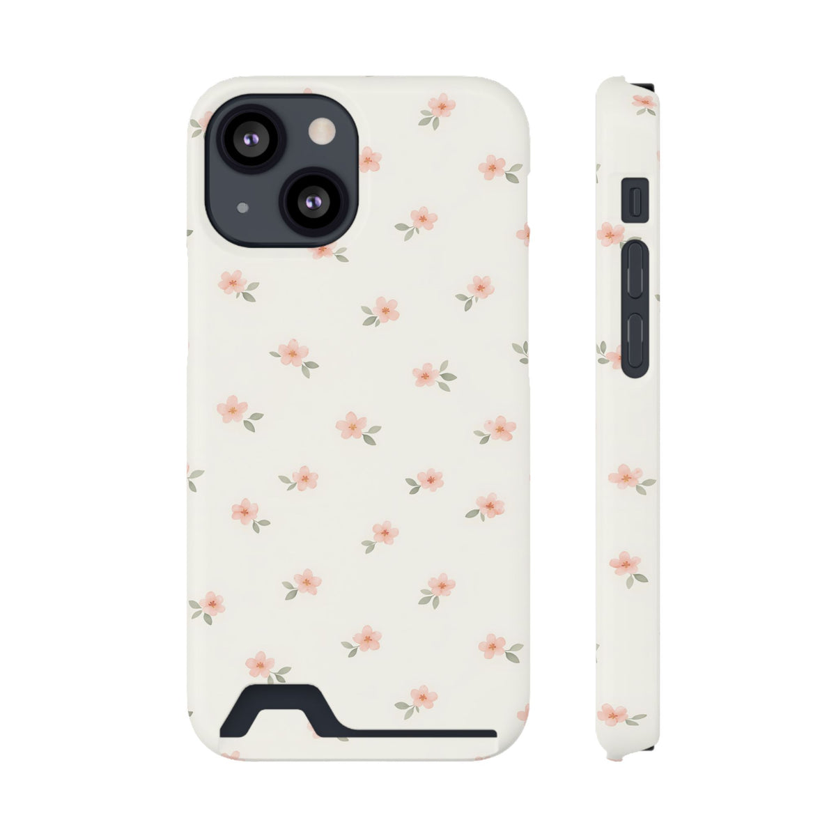 Blush Ditsy Floral phone case with card holder for iPhone 13 Mini, glossy finish
