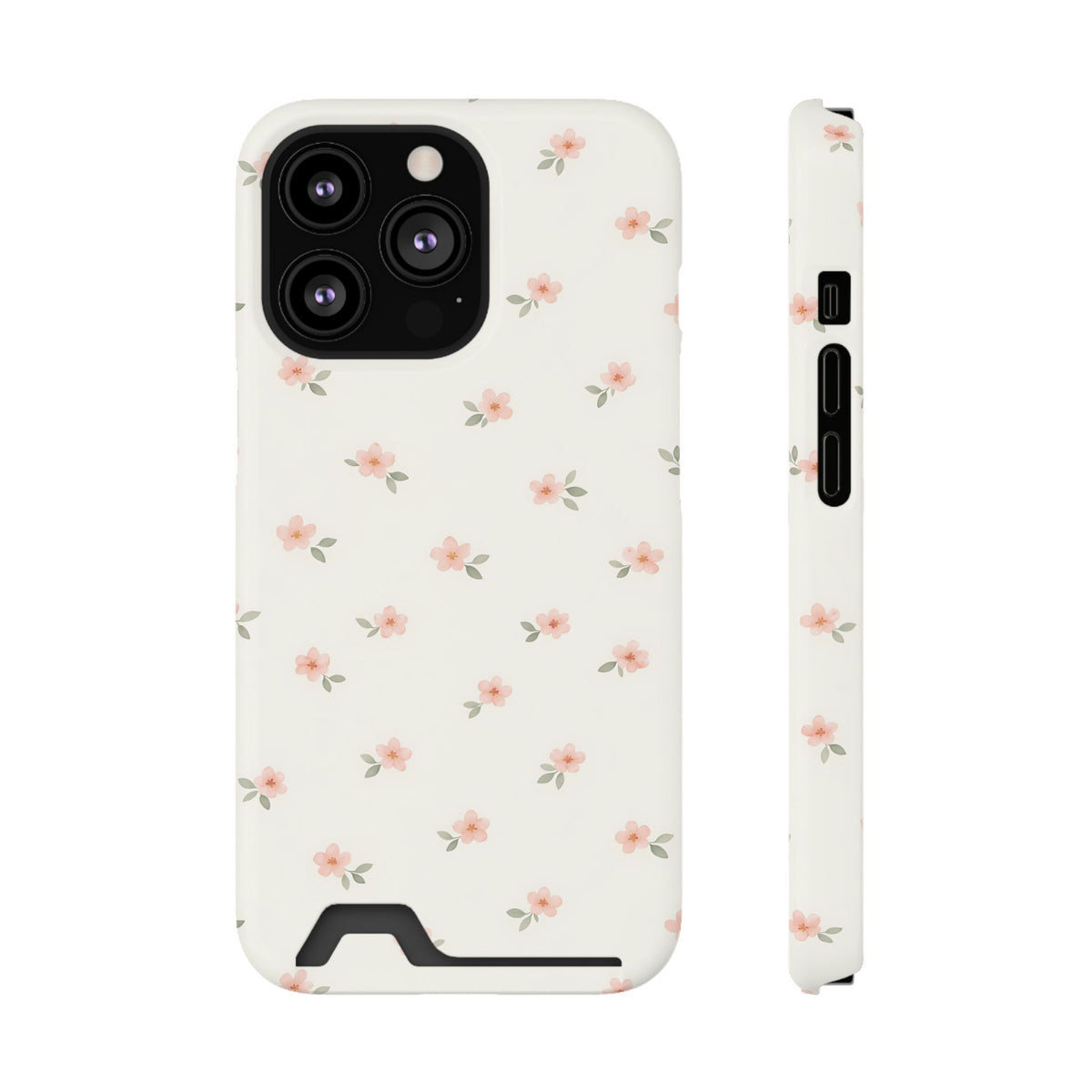 Blush Ditsy Floral phone case with card holder for iPhone 13 Pro, glossy finish