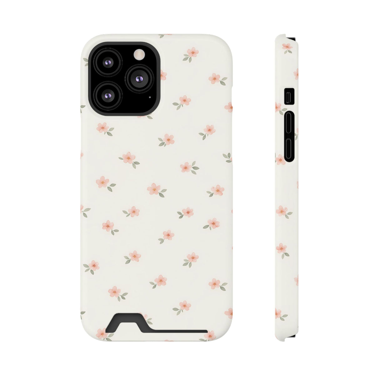 Blush Ditsy Floral phone case with card holder for iPhone 13 Pro Max, glossy finish
